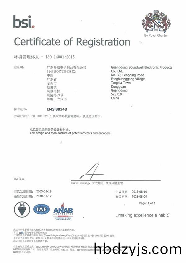 Shengwei Electronics by ISO 14001:2015 quality management system