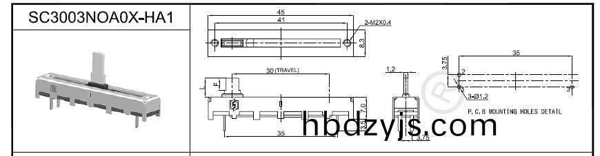 30MM單(dan)聯(lian)直(zhi)滑式(shi)電位器(qi)尺(chi)寸(cun)圖